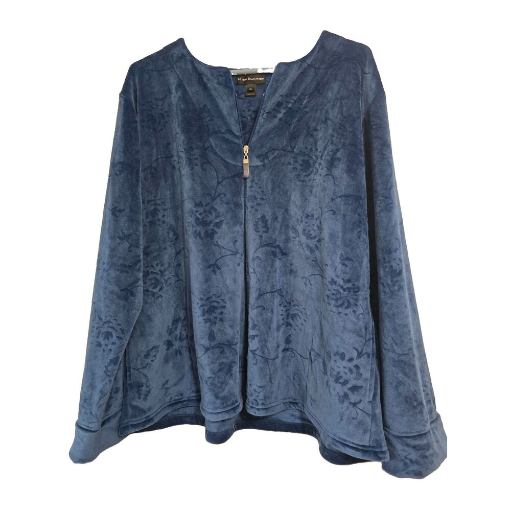 Miss Elaine Womens XL Blue Velour Soft Long Sleeve Zip Bed Jacket Top Pajama